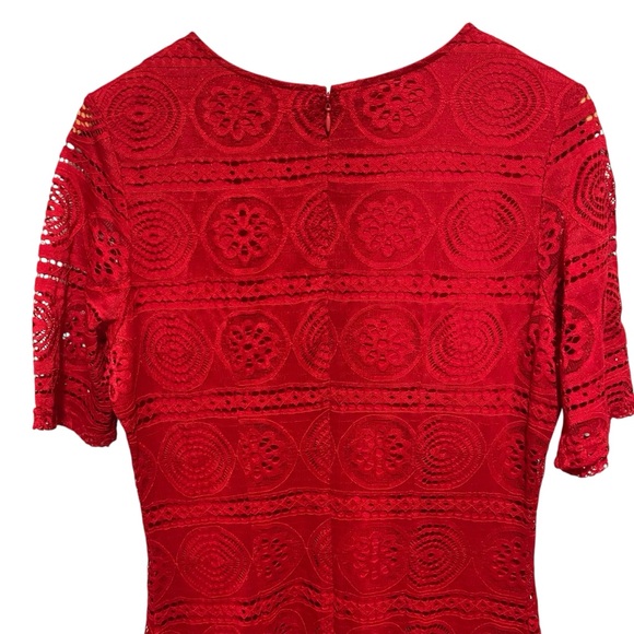 Sharagano Vibrant Red Lace Short Sleeve Midi Dress Size 6 - Picture 9 of 13